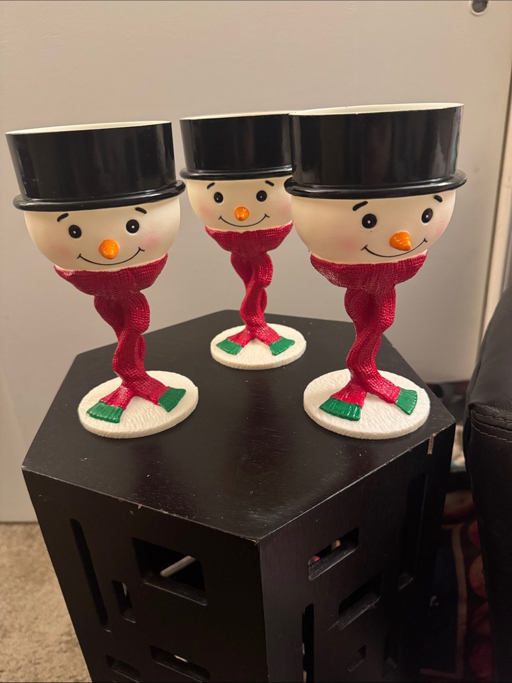 3 Easter Unlimited Inc. Tipsy Snowman plastic stem goblets - Christmas 1950s
